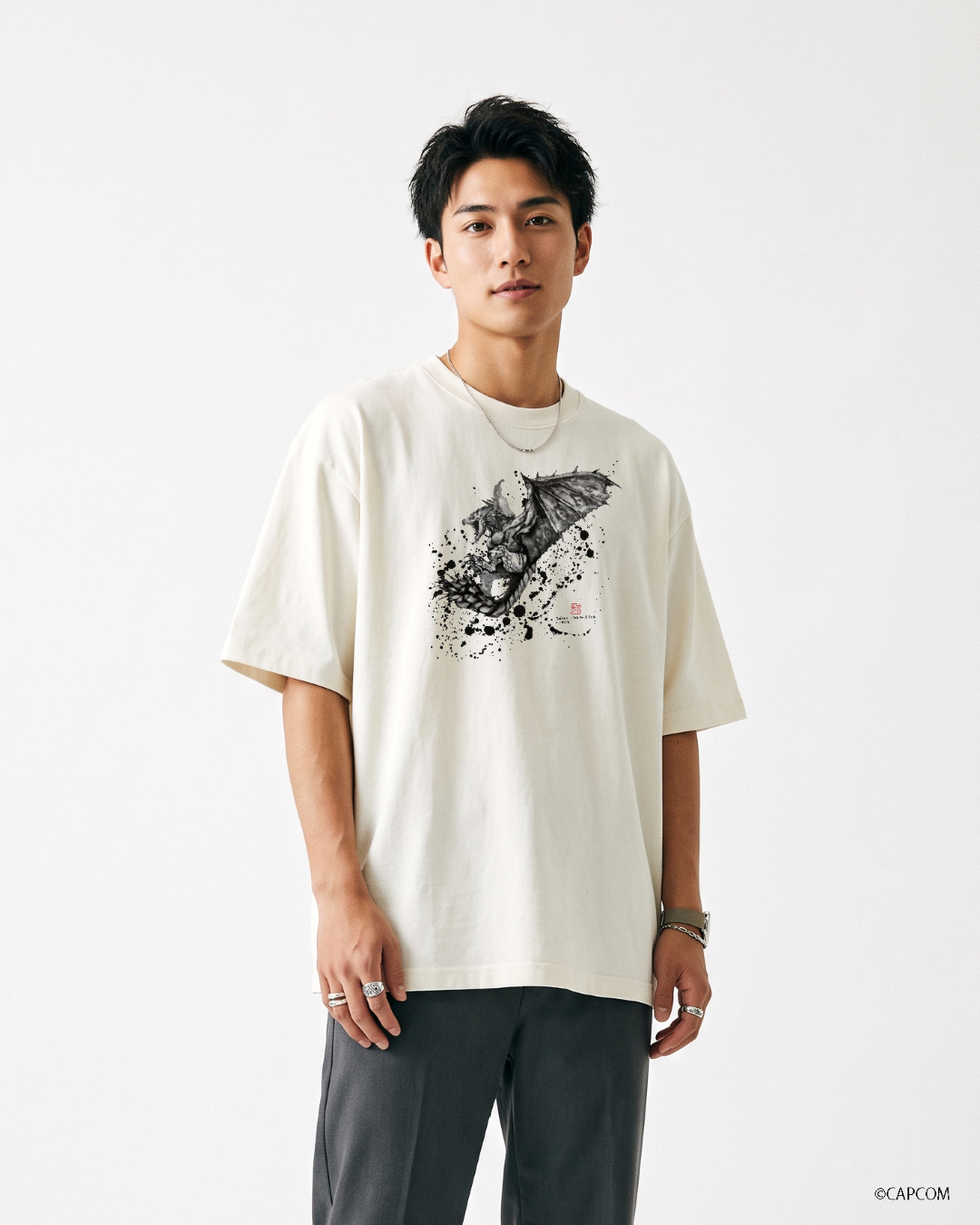 モンスターハンター　水墨画-ART　Tシャツ　リオレイア（雌火竜）