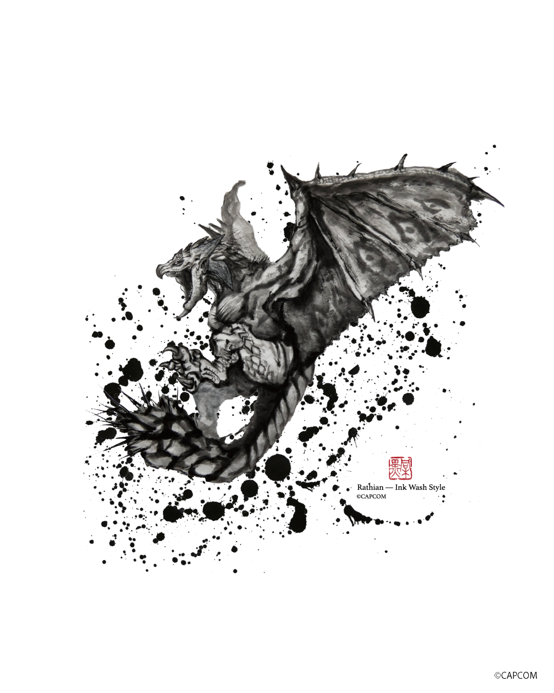 モンスターハンター　水墨画-ART　Tシャツ　リオレイア（雌火竜）