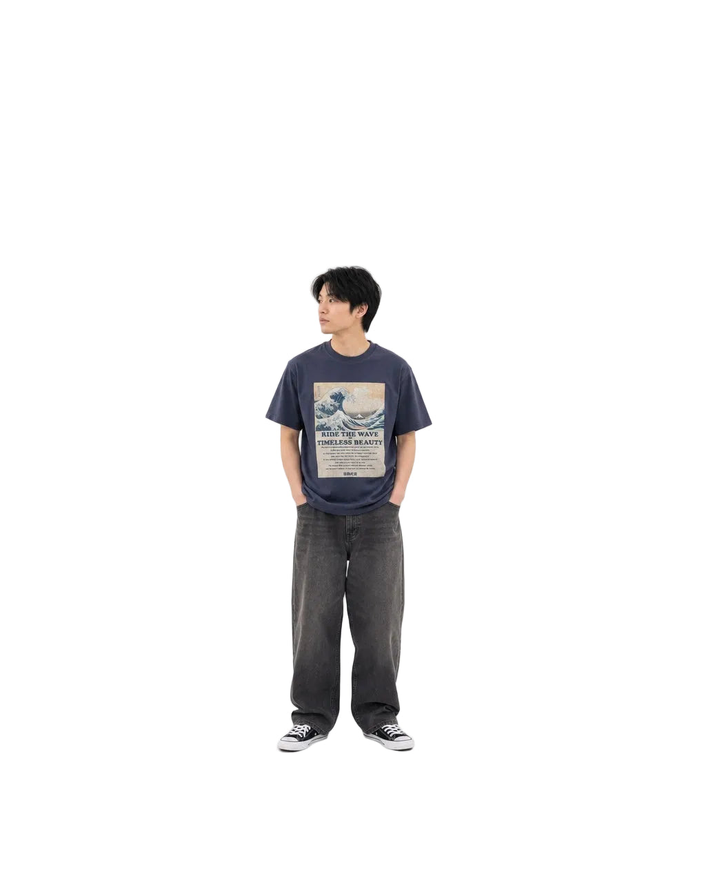 北斎ビンテージ風Tシャツ 浪裏　紺