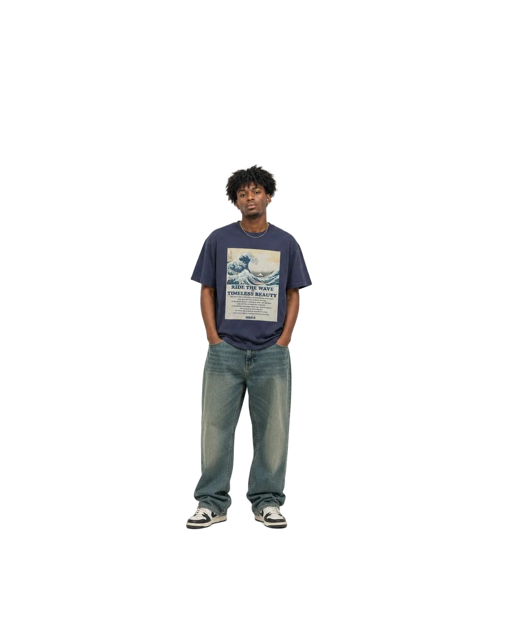 北斎ビンテージ風Tシャツ 浪裏　紺