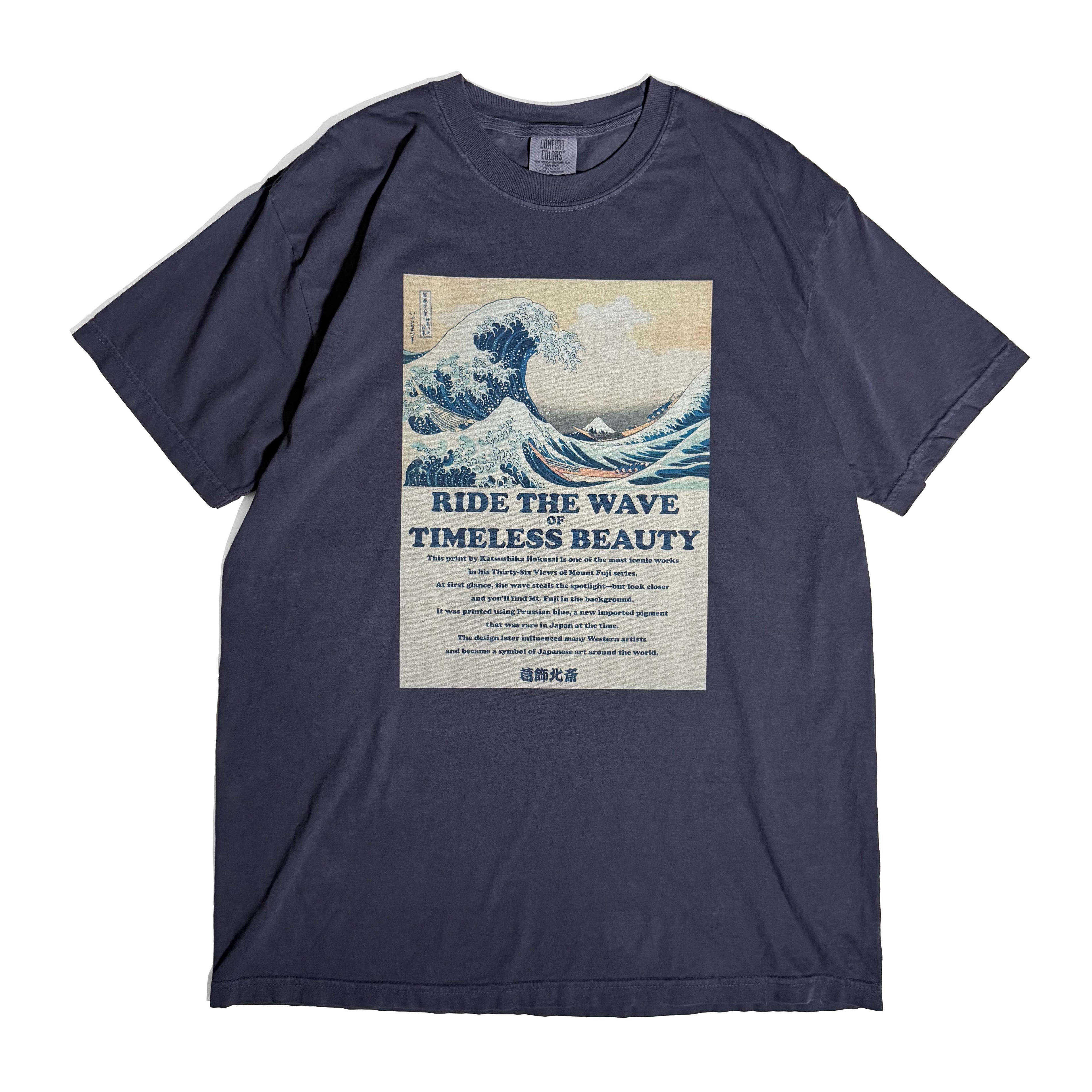 北斎ビンテージ風Tシャツ 浪裏　紺