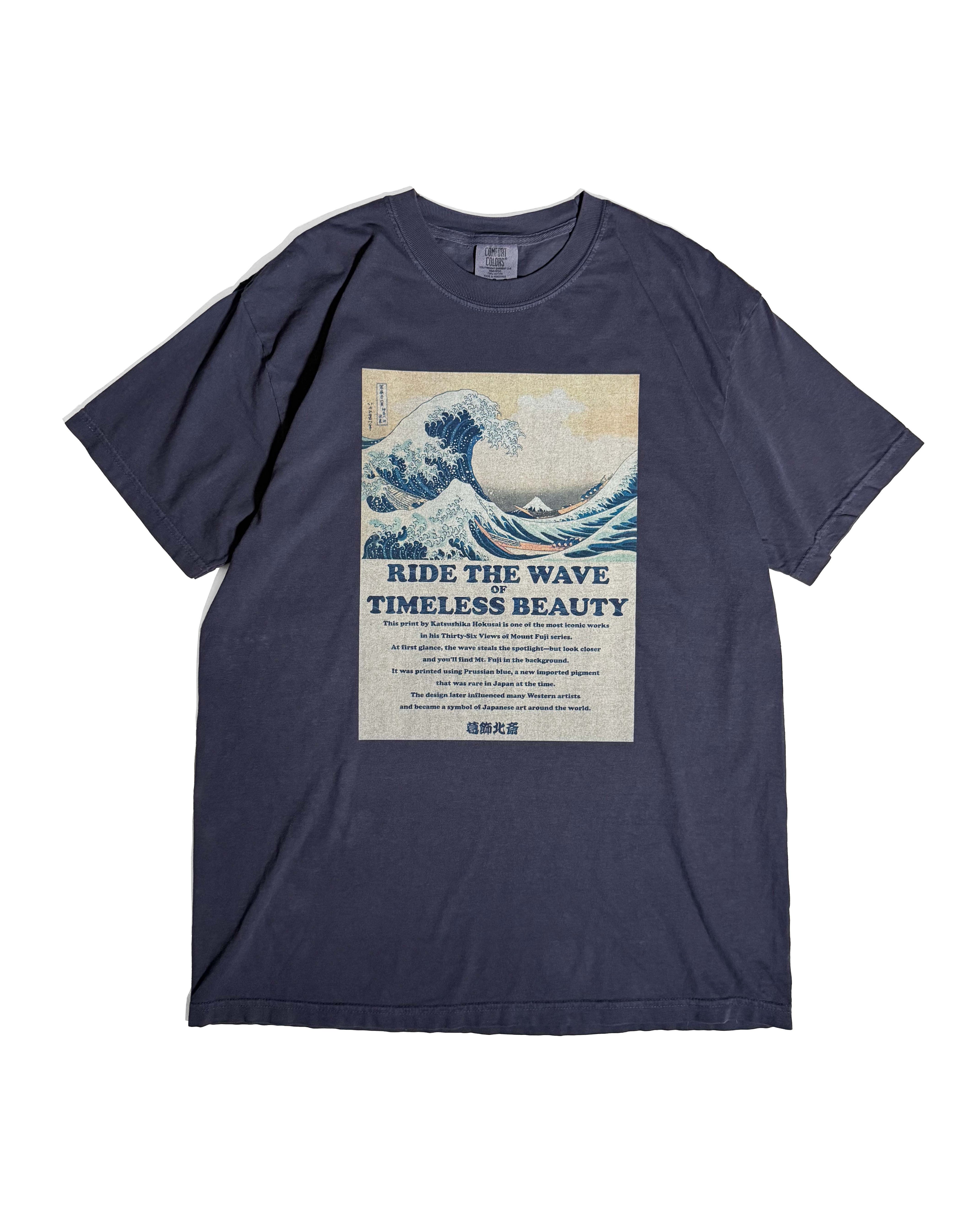 北斎ビンテージ風Tシャツ 浪裏　紺
