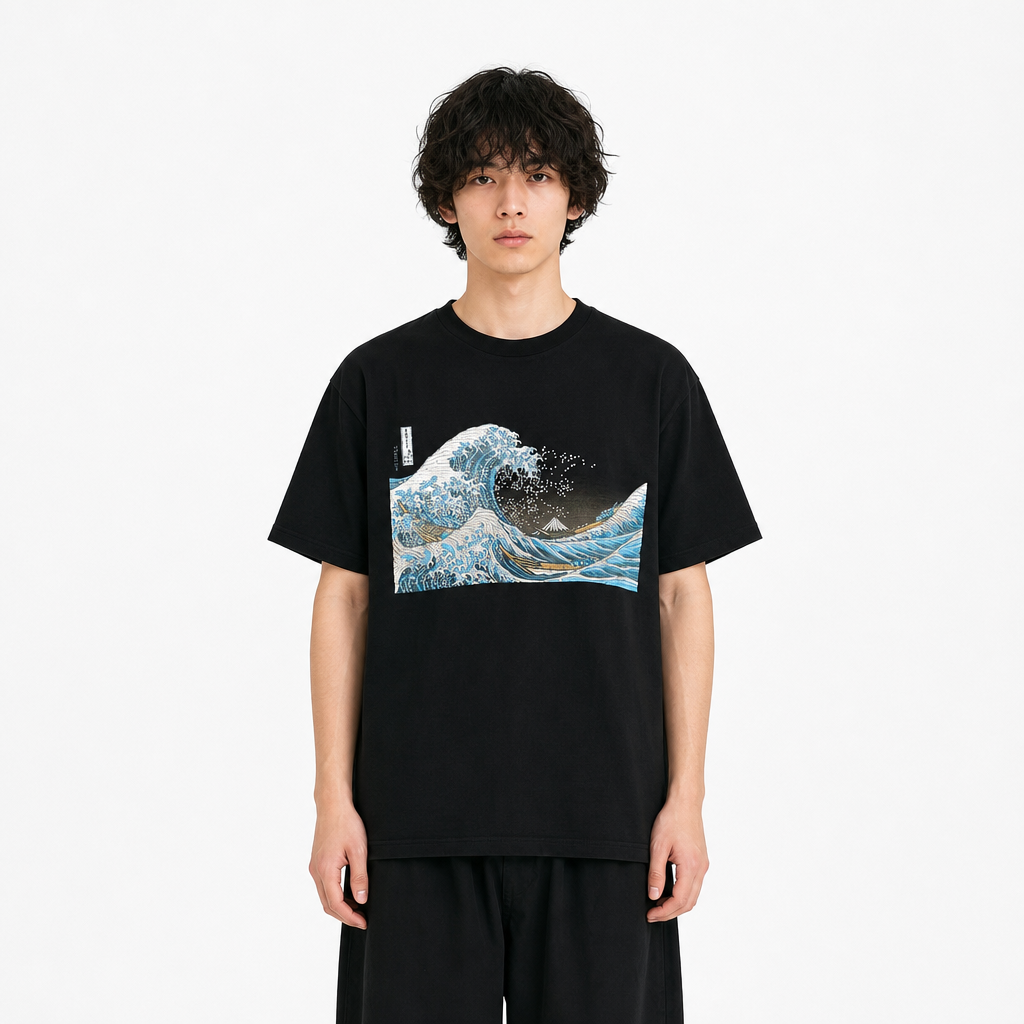 北斎Tシャツ 波裏 黒