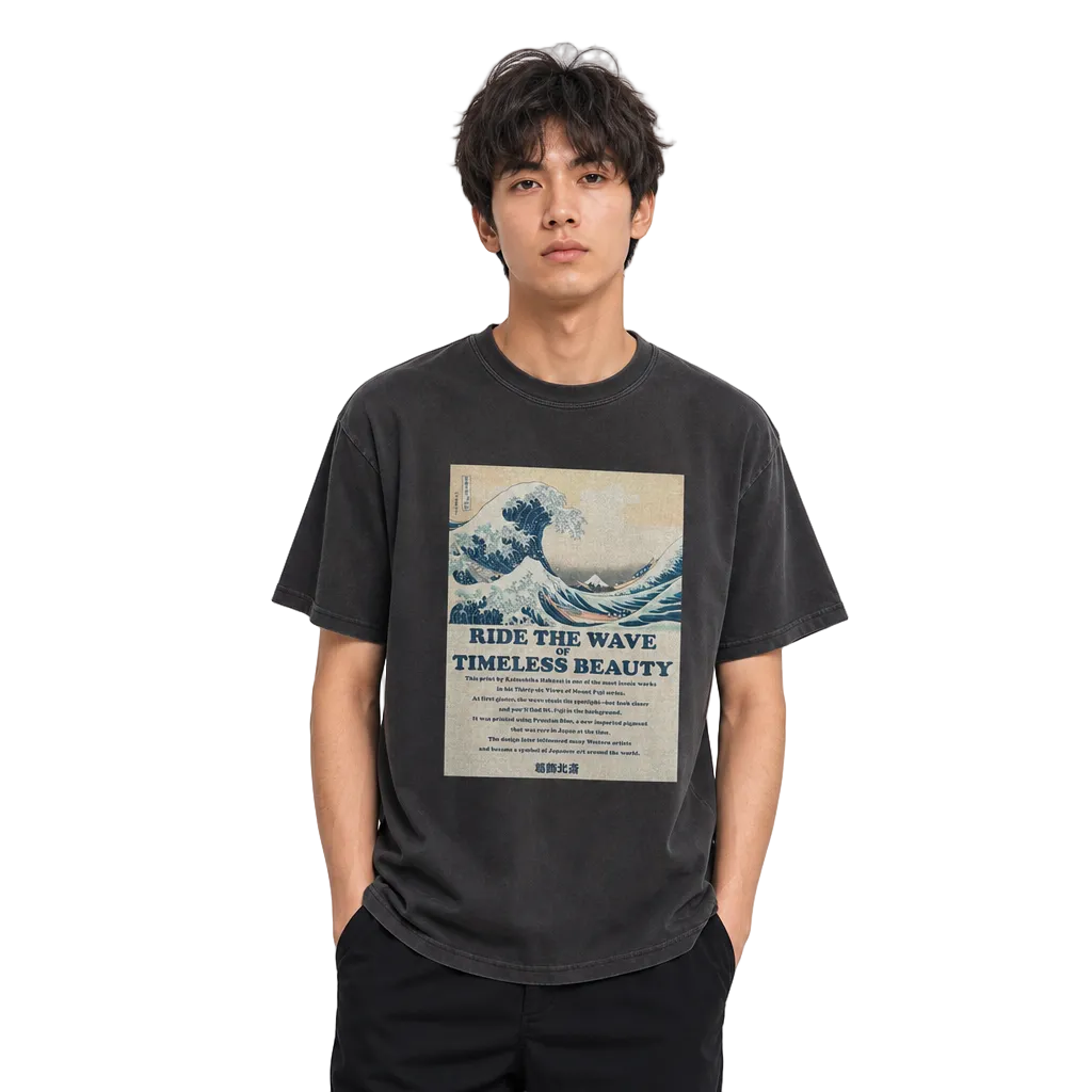 北斎ビンテージ風Tシャツ 浪裏　黒