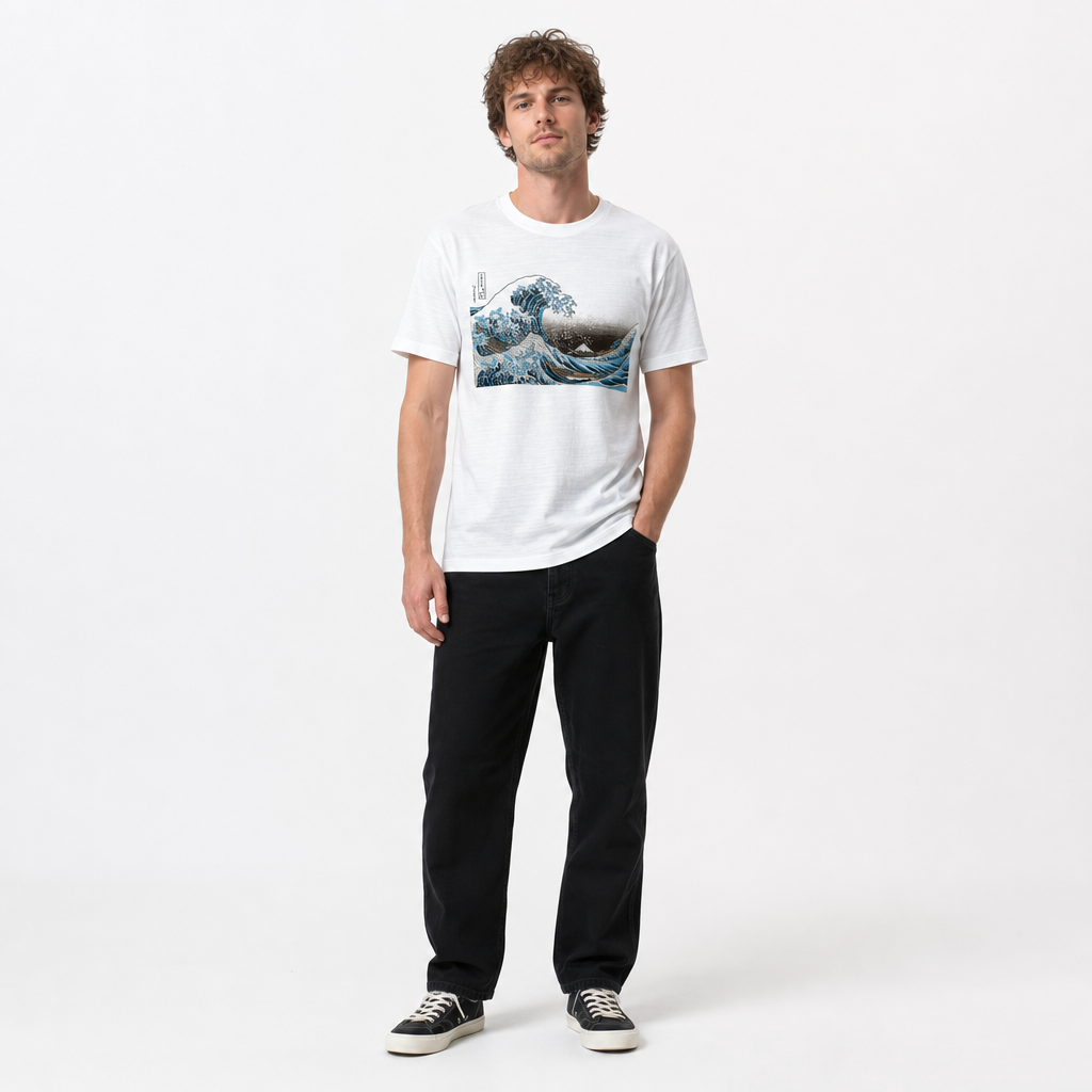 北斎Tシャツ 波裏 白