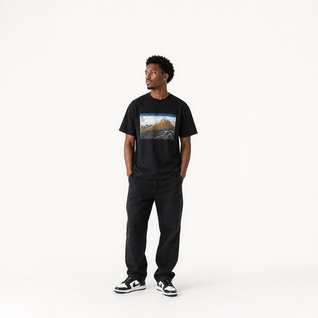 北斎Tシャツ　黒富士