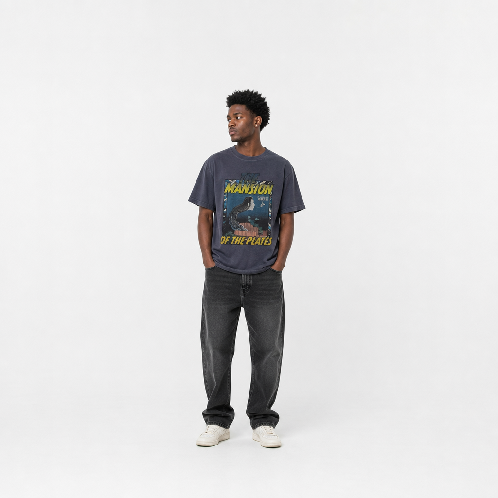 北斎ビンテージ風Tシャツ さらやしき　紺