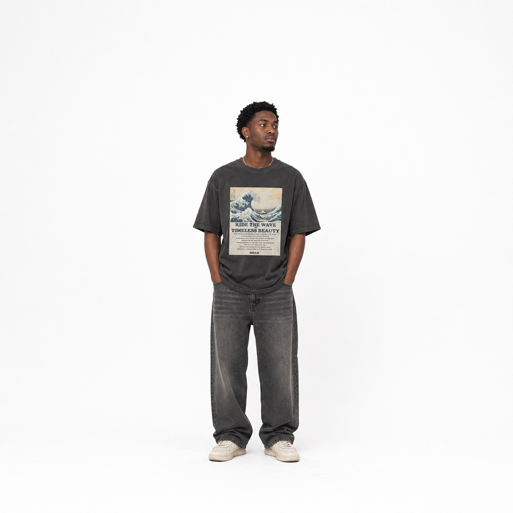 北斎ビンテージ風Tシャツ 浪裏　黒