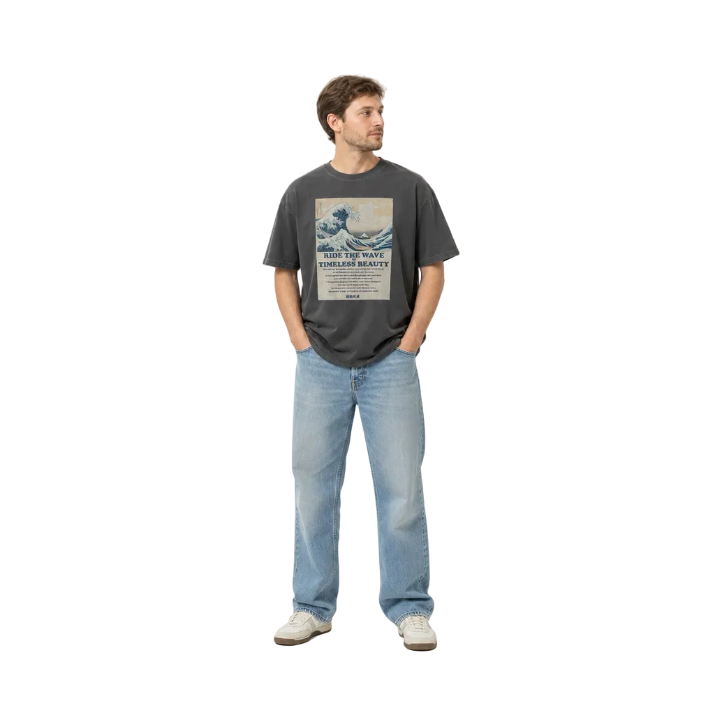北斎ビンテージ風Tシャツ 浪裏　黒
