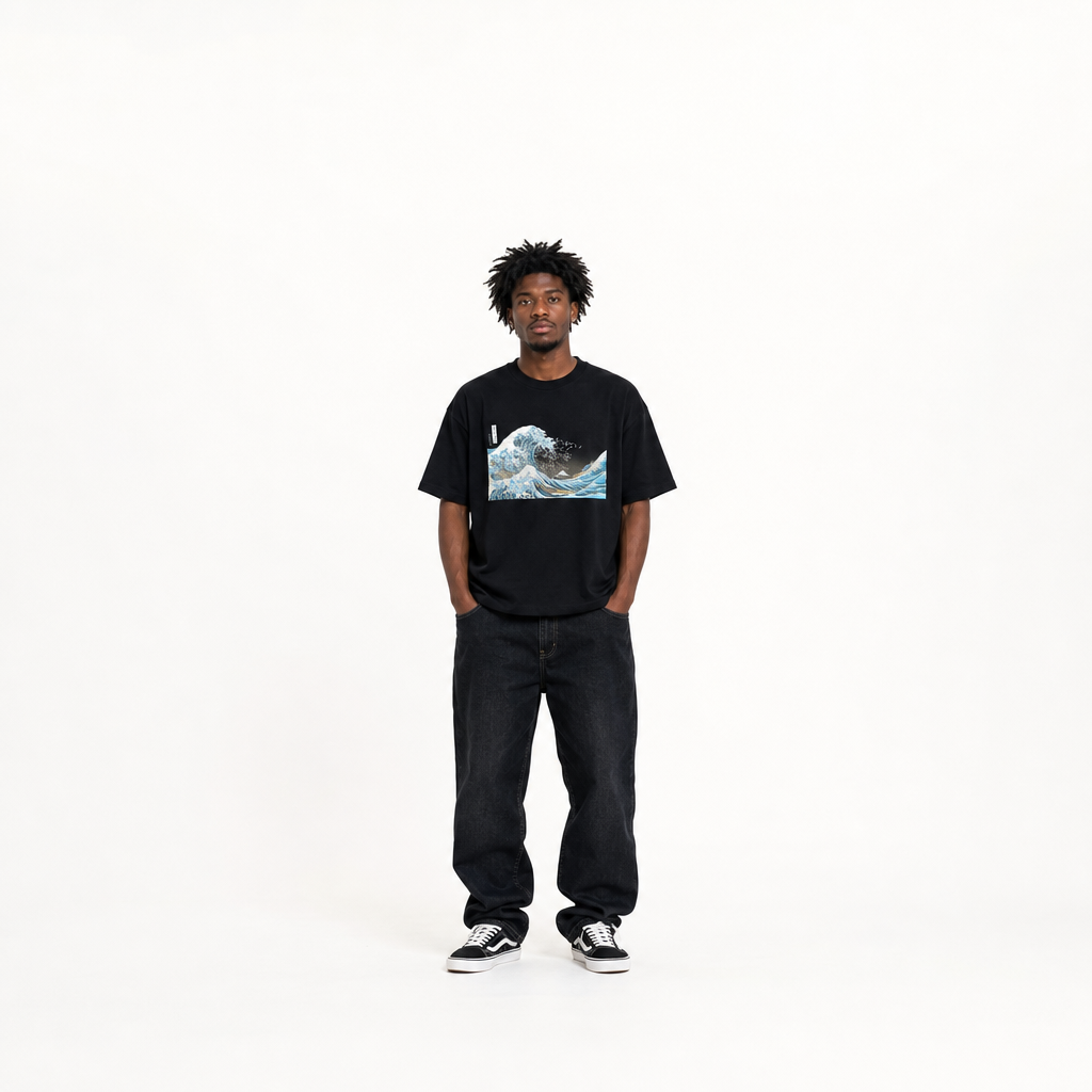 北斎Tシャツ 波裏 黒