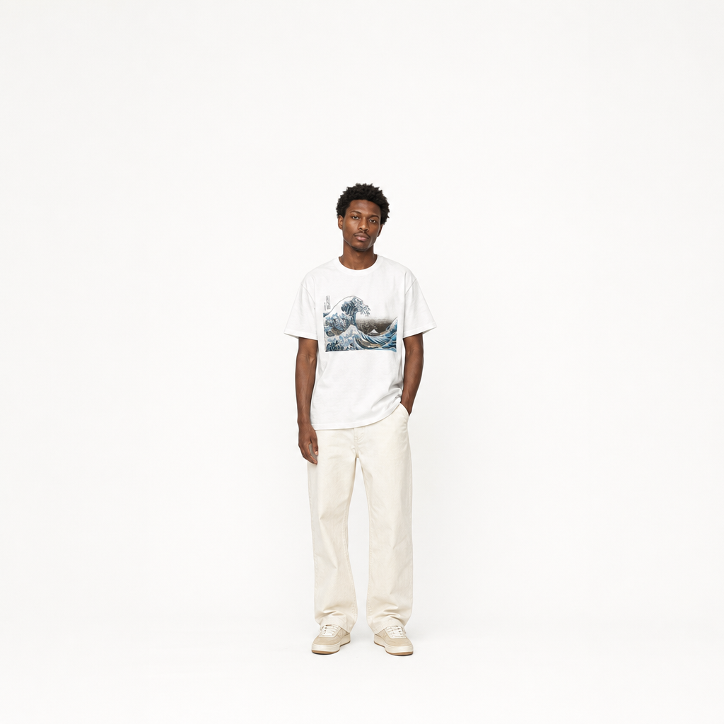 北斎Tシャツ 波裏 白