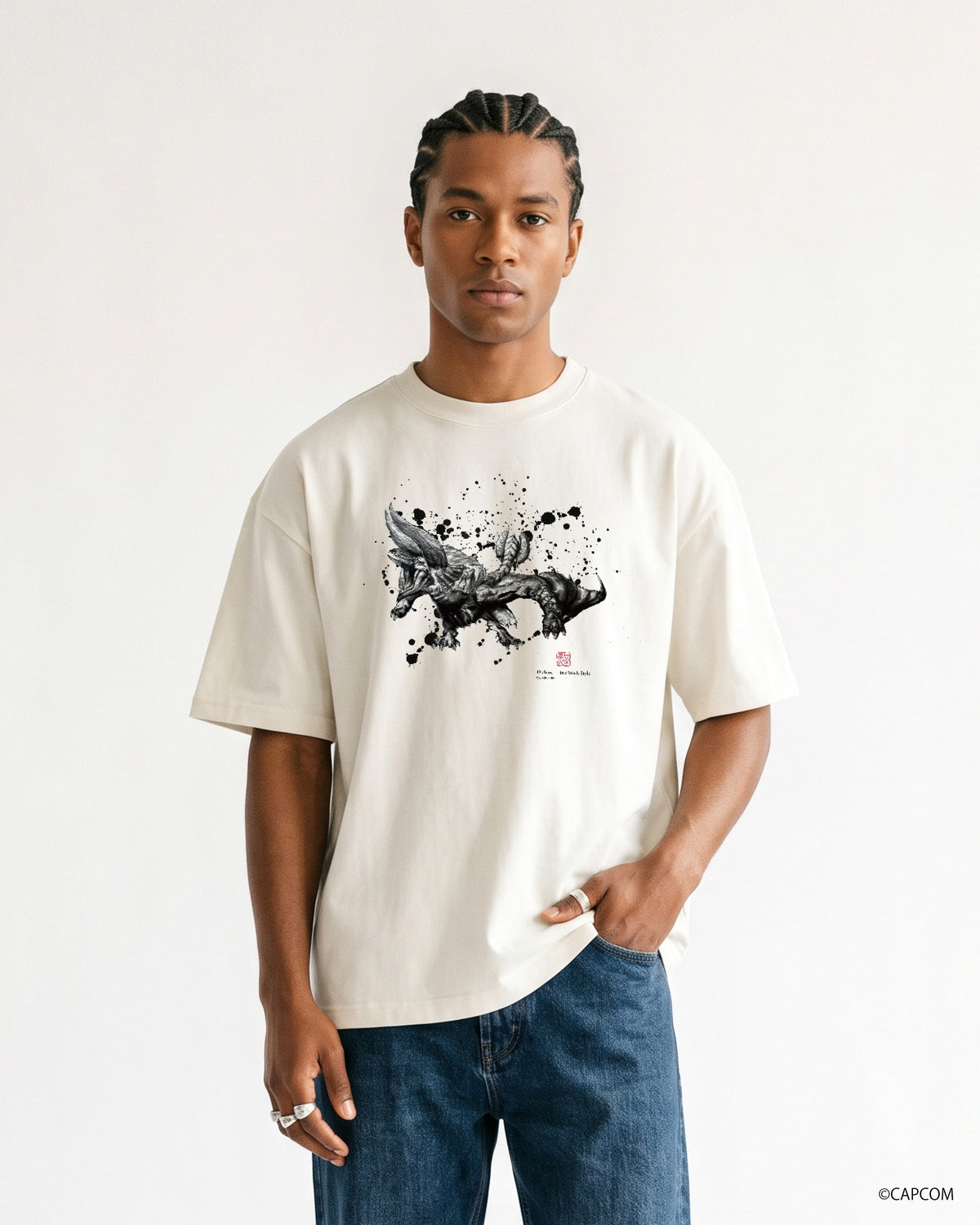 モンスターハンター　水墨画-ART　　　Tシャツ　ディアブロス（角竜）