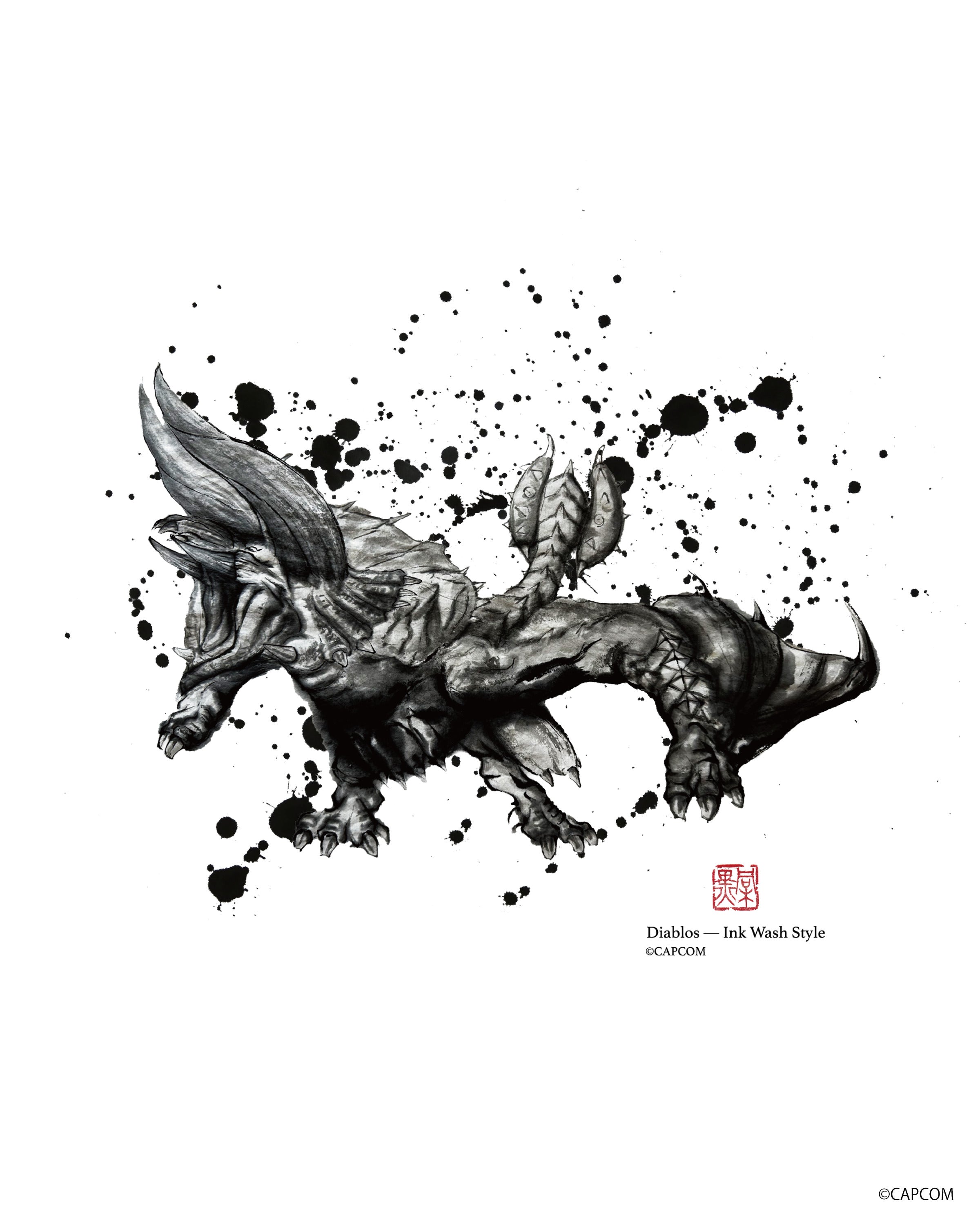 モンスターハンター　水墨画-ART　　　Tシャツ　ディアブロス（角竜）